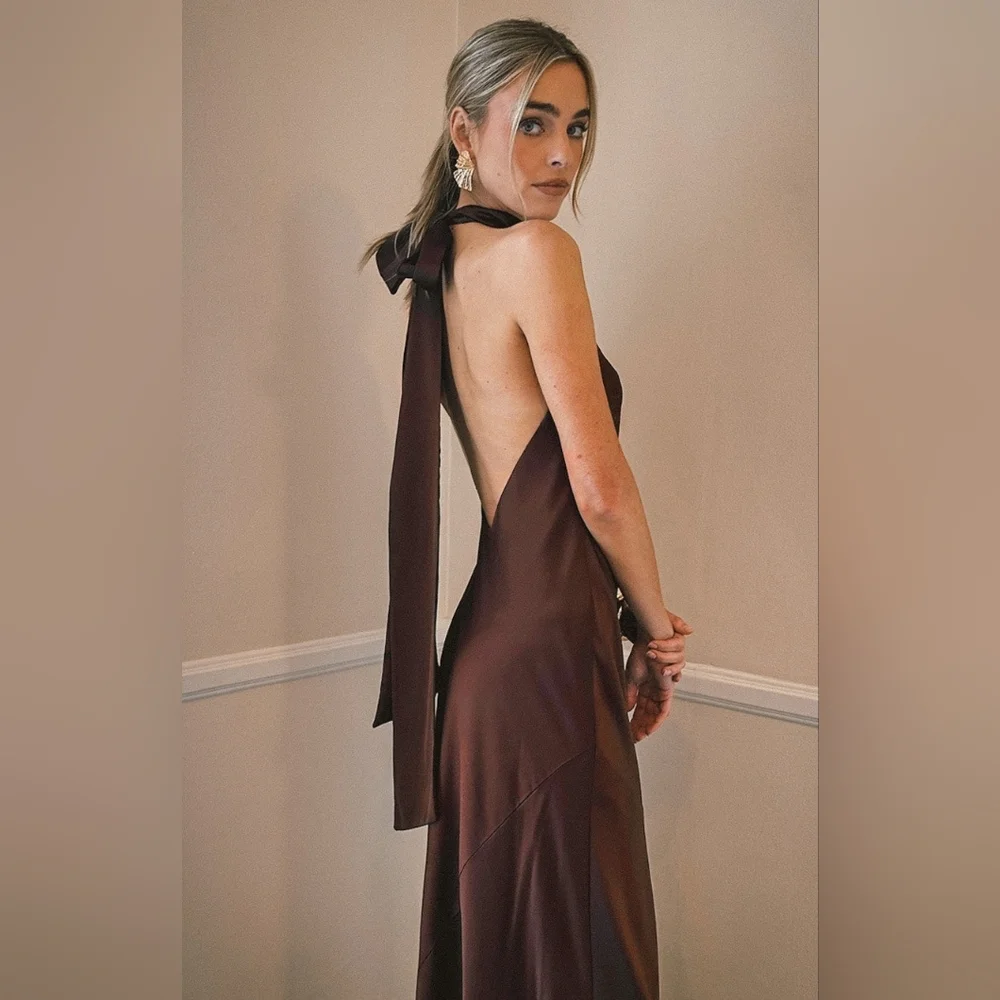 Show Me Your MUMU Lisa Maxi Dress XS Chocolate Luxe Satin Wedding Party Prom - Picture 3 of 11